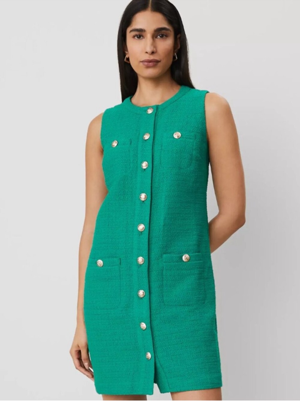 Ann Taylor Green Tweed Sleeveless Shift Dress with Gold Buttons (8)